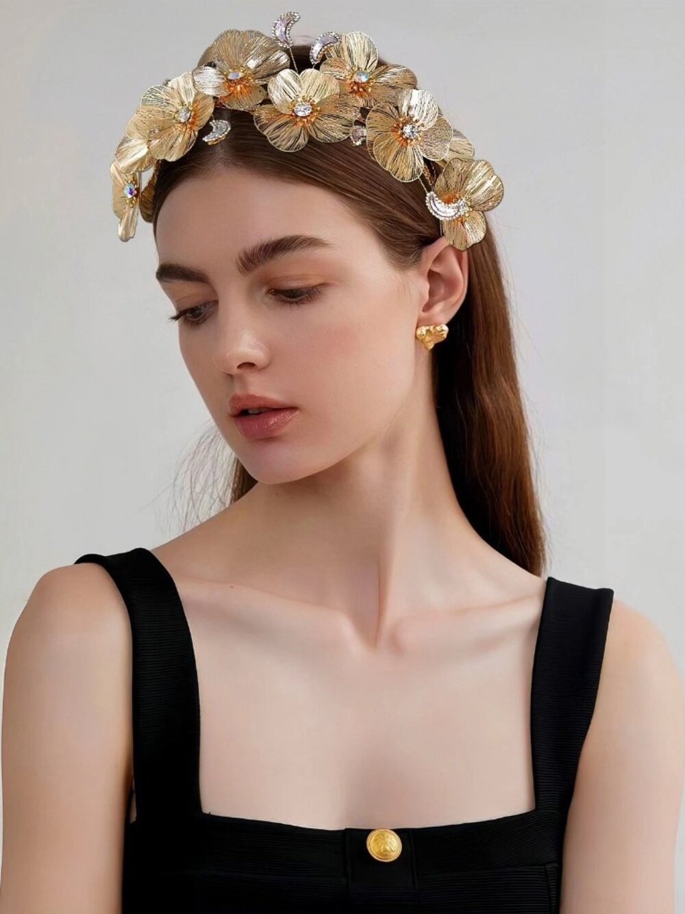Gold Floral Crown Headband with Crescent Moons and Iridescent Crystals